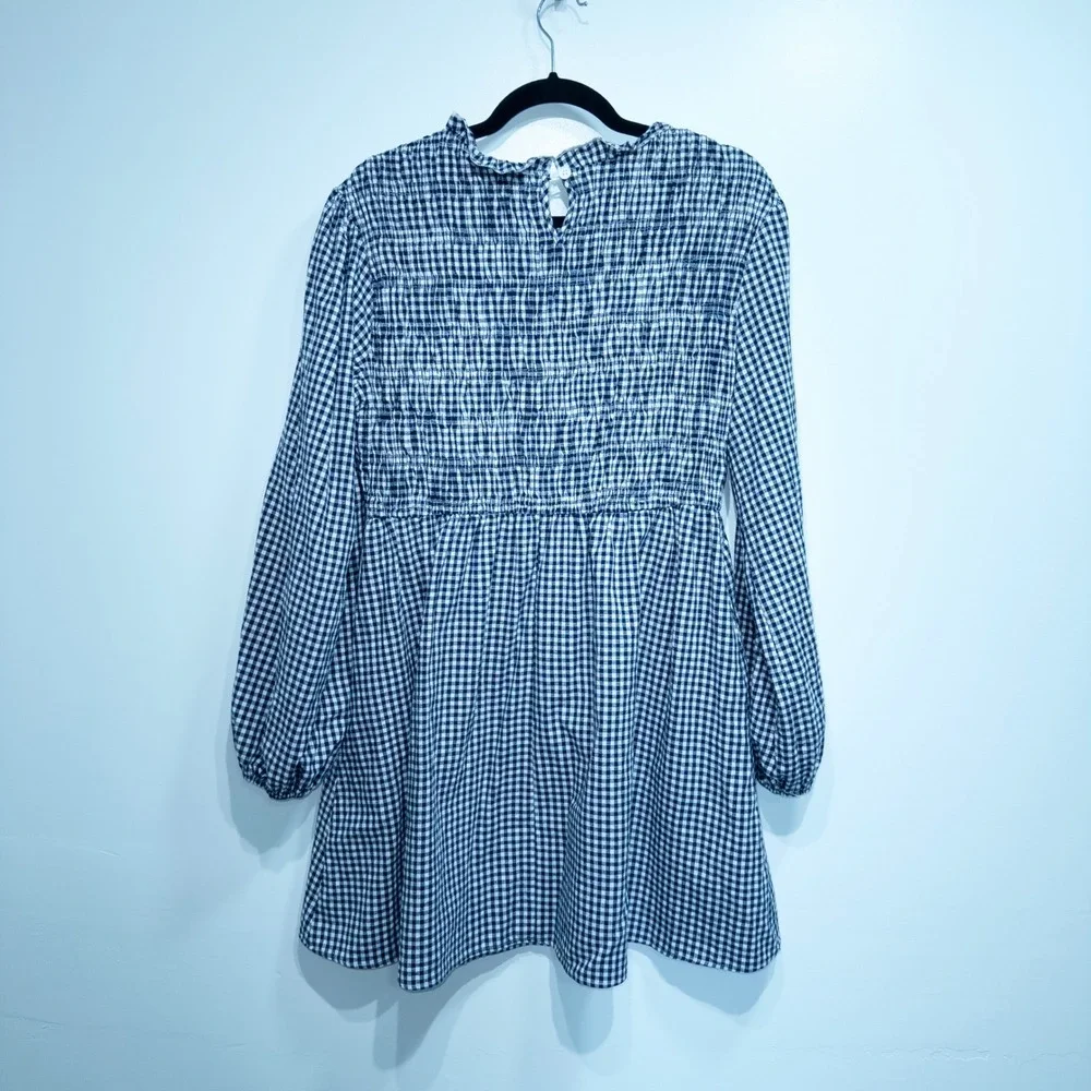 Petal & Pup Navy Blue‎ Gingham Jessen Long Sleeve Mini Dress Large